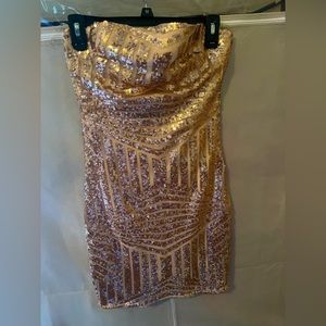 Rose gold sequins strapless mini dress